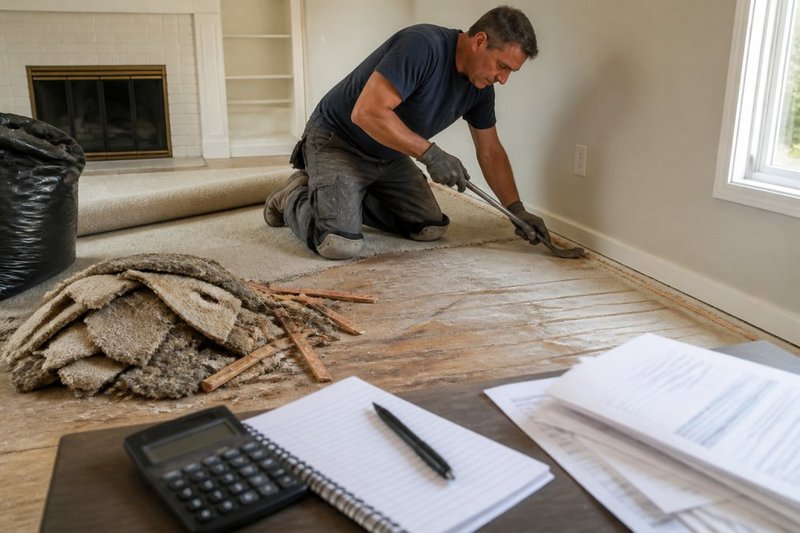 Contractor removing old carpet before new flooring installation