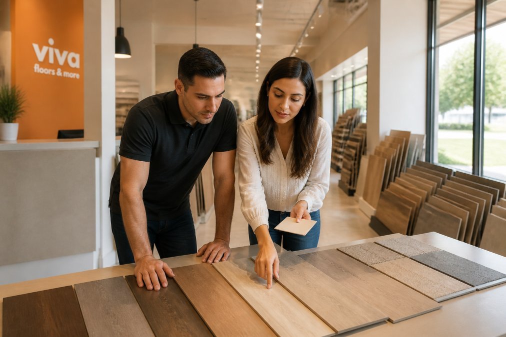 Homeowners comparing flooring planks under natural home lighting at the Viva Floors showroom