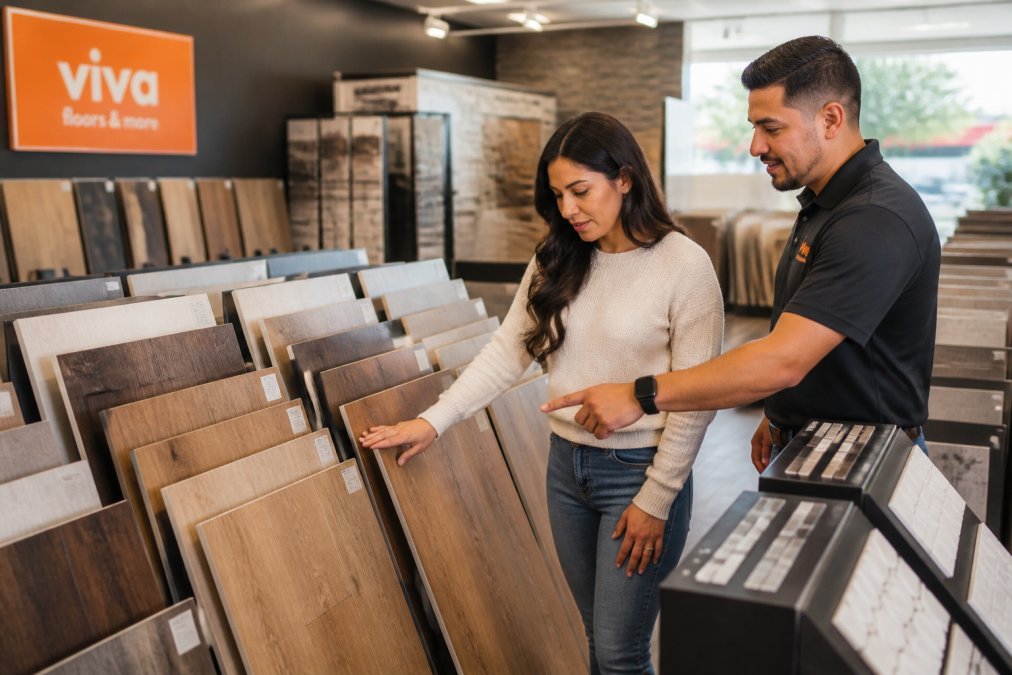 Couple choosing flooring samples at a local Viva Floors & More showroom in the Rio Grande Valley