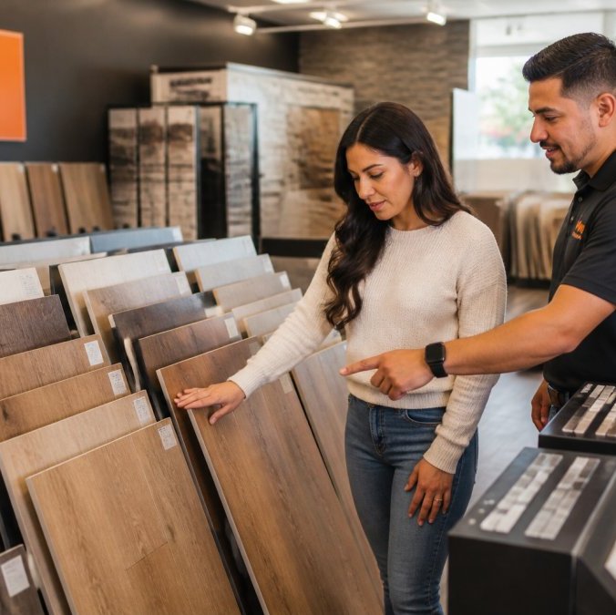 Couple choosing flooring at a local Viva Floors & More showroom