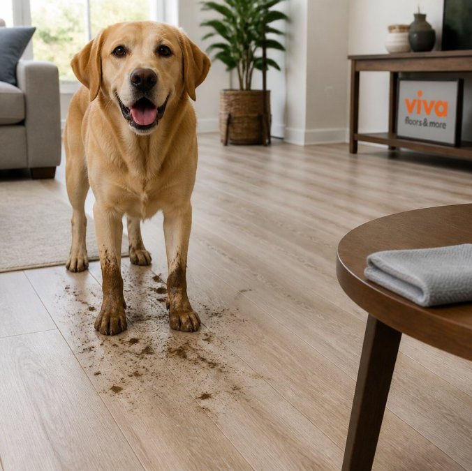 Golden retriever on waterproof pet-friendly luxury vinyl plank flooring