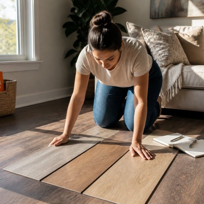 Homeowners comparing flooring samples under natural home lighting